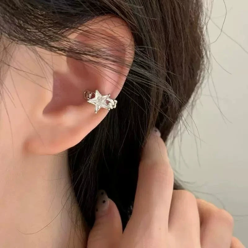 Silver Color Clip Earrings For Women Goth Star Crystal Zircon Metal Ear Cuffs Unusual Design No Piercing Earrings Korean Trend