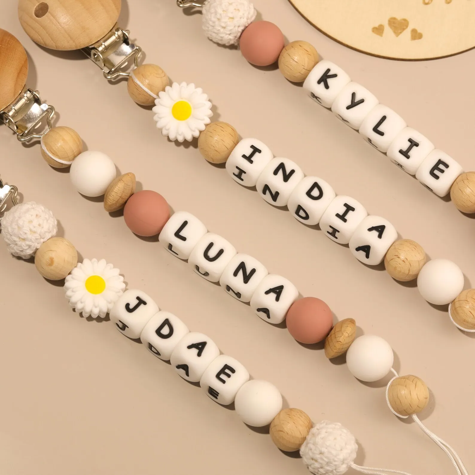 Personalized Baby Pacifier Clip Name Silicone & Wood Beads, Soother Holder for Infants