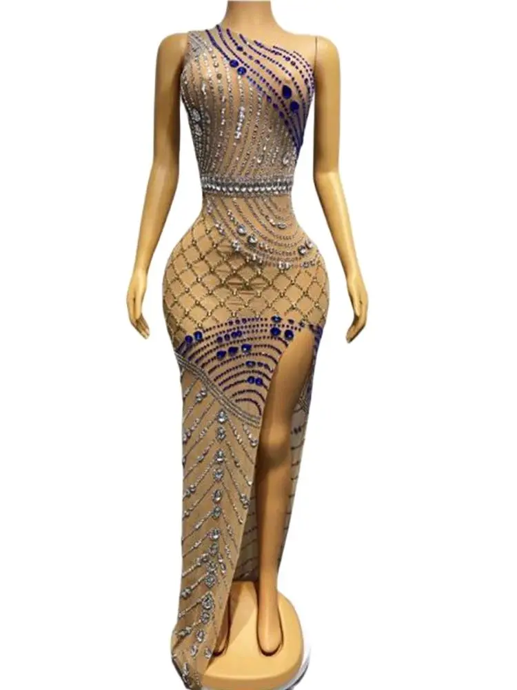 

High Quality Colored Hot Diamond Elastic Wrap Buttocks Split Long Dress 2024 New Fashion Custom Women'S Clothing