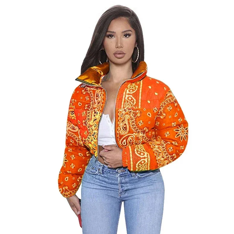 Women Winter Fashion Warm Parkas Casual Zipper Up Puffer Outerwear Bandana Coats Floral Printed Bubble Jackets for Female 2021