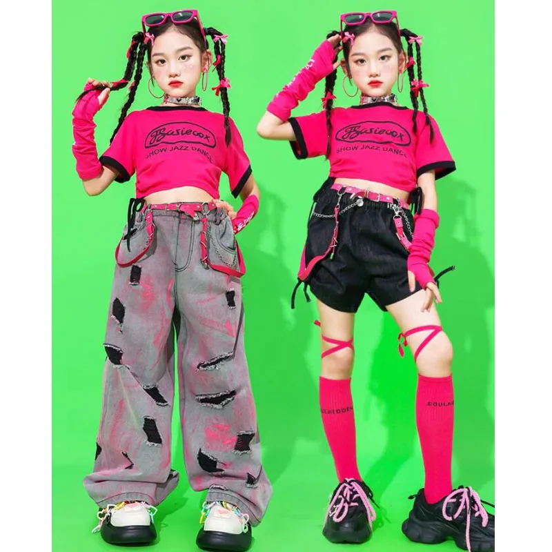 Conjunto de ropa de animadora para niñas, Top corto de Hip Hop, DenimPants, pantalones cortos de baile callejero, ropa de calle para niños, disfraces dulces de Jazz, Verano