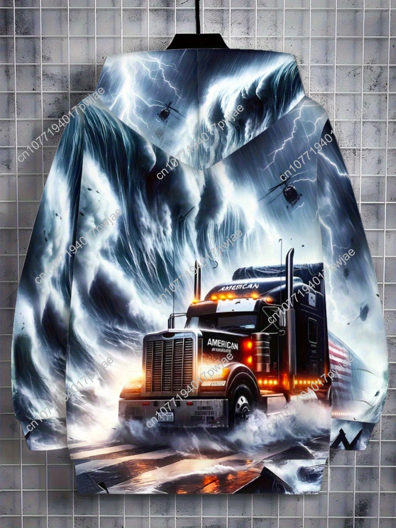 Moletom masculino com capuz gráfico Lightning Truck – poliéster durável, design preto e branco, jaqueta com zíper de ajuste confortável para roupas casuais e esportivas