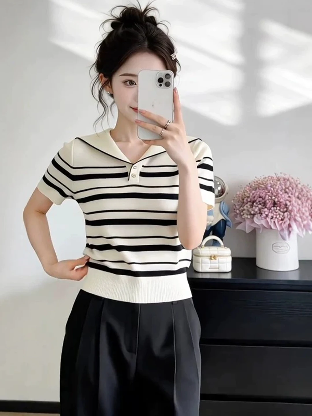 

Slim Fit Naval Collar Striped Short Sleeve T-Shirt Women's Knitted Summer New Style plus Size Fashion Korean Style Top