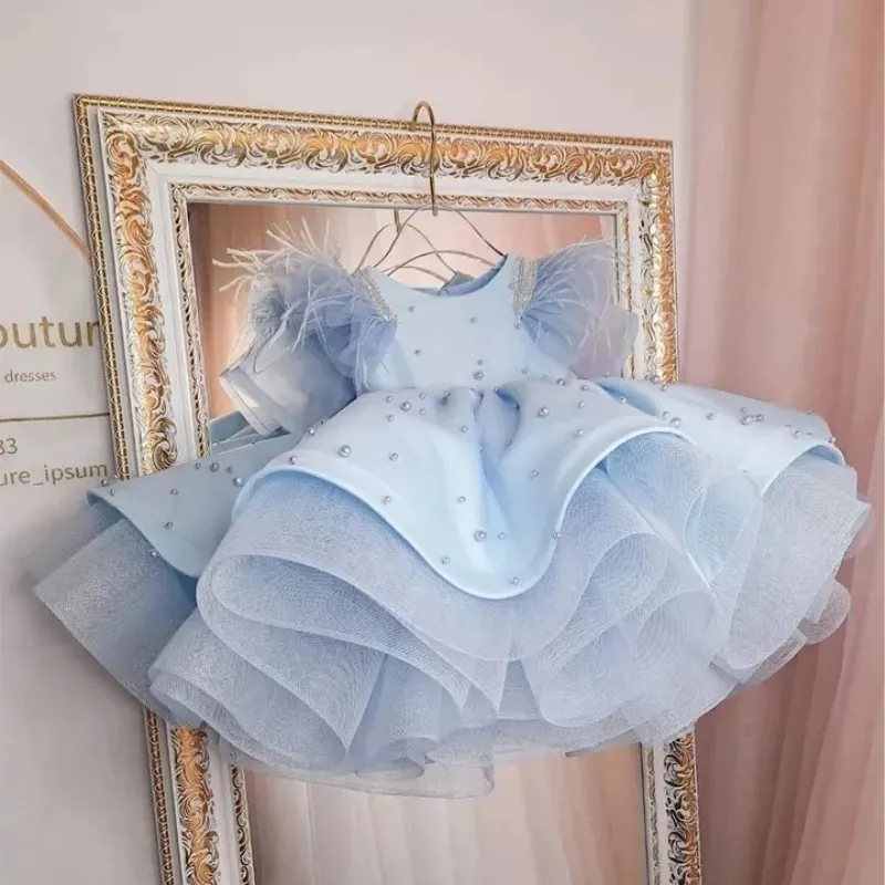 Fashion Baby Girl Princess Feather Tutu Dress Infant Toddler Child Bow Pearl Vestido Wedding Birthday Party Baby Clothes 1-14Y