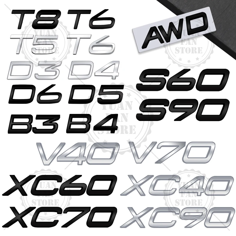 1ชิ้นตัวอักษรโลหะสำหรับวอลโว่ CX40 CX60 V40 V60 D8 S60 V70 XC70 D2 D3 D4 T2 D5 T3 CX90 T6 B2 B3 B4 B5 B6 D6สัญลักษณ์3D AWD