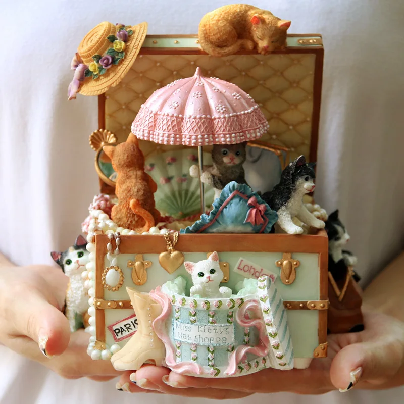 Cat Treasure Box Rotating Music Box Vintage Gift for Girls Kids Christmas Birthday Present Dropshipping
