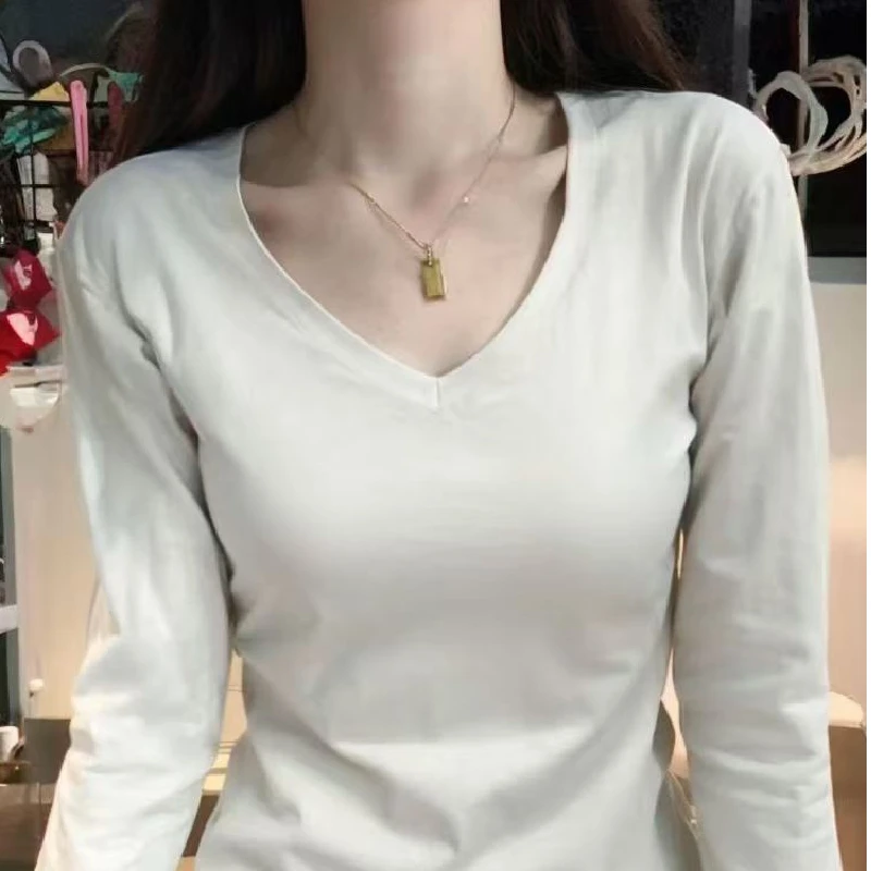 High Quality Pure Cotton Long Sleeve V-Neck Women's T-Shirt Guangzhou Thirteenth Factory New Style Slim Fit Autumn 2024