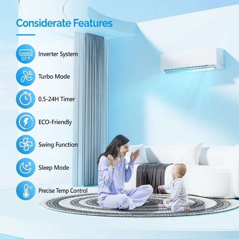 9000 BTU Mini Split AC/Heating System with Inverter, 19 SEER2 Energy Saving 115V Ductless Split-System Air Conditioner with