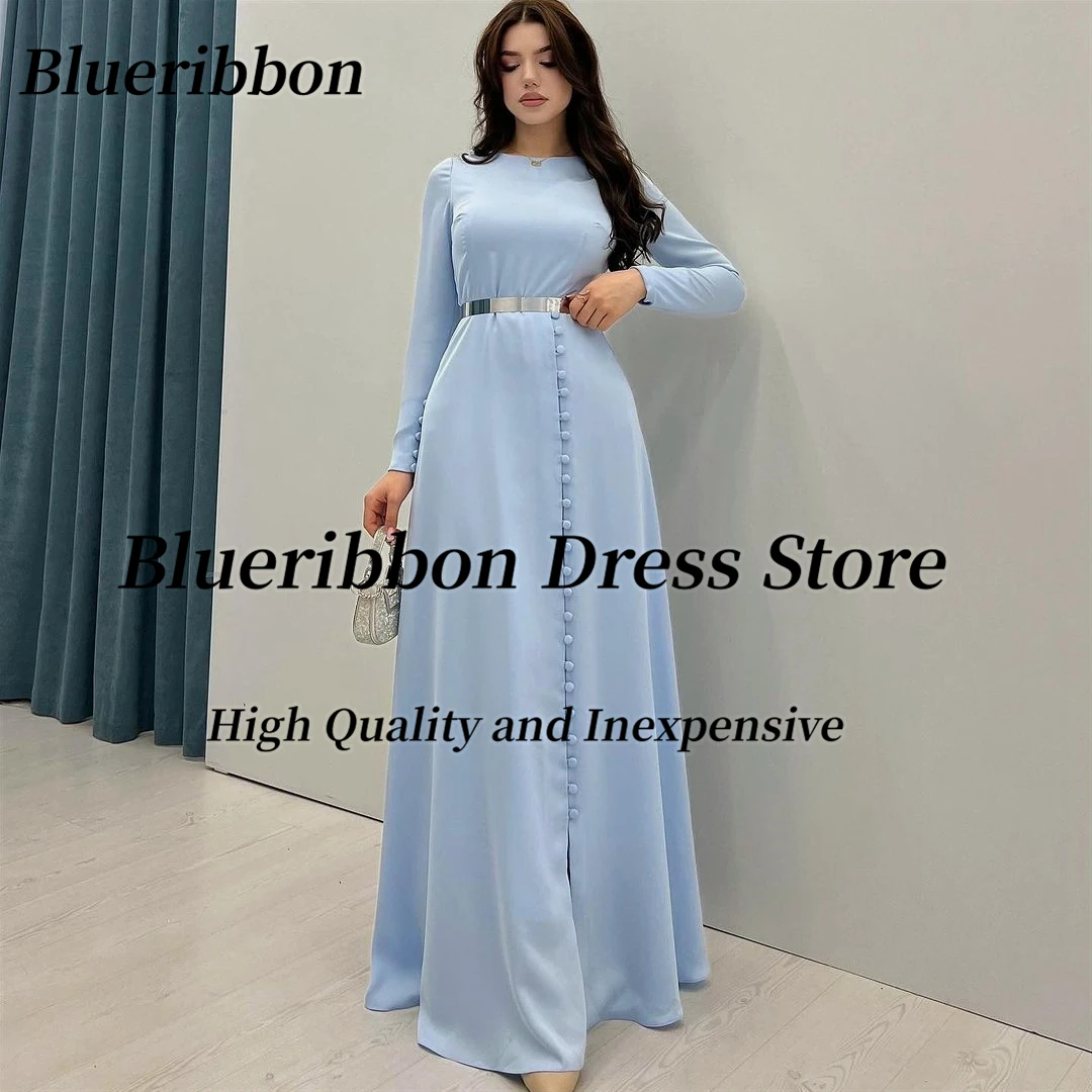 

Blueribbon Birthday Party Dresses for Women Crew Neck Robes De Soirée Long Sleeves Buttons Side Slit Evening Prom Side Slit Gown