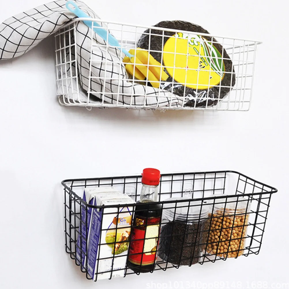 

2pcs Wall-Mounted Storage Baskets Iron Kitchen Organizer No Punch Installation Black Space Saving Basket For Cabinet Countertop