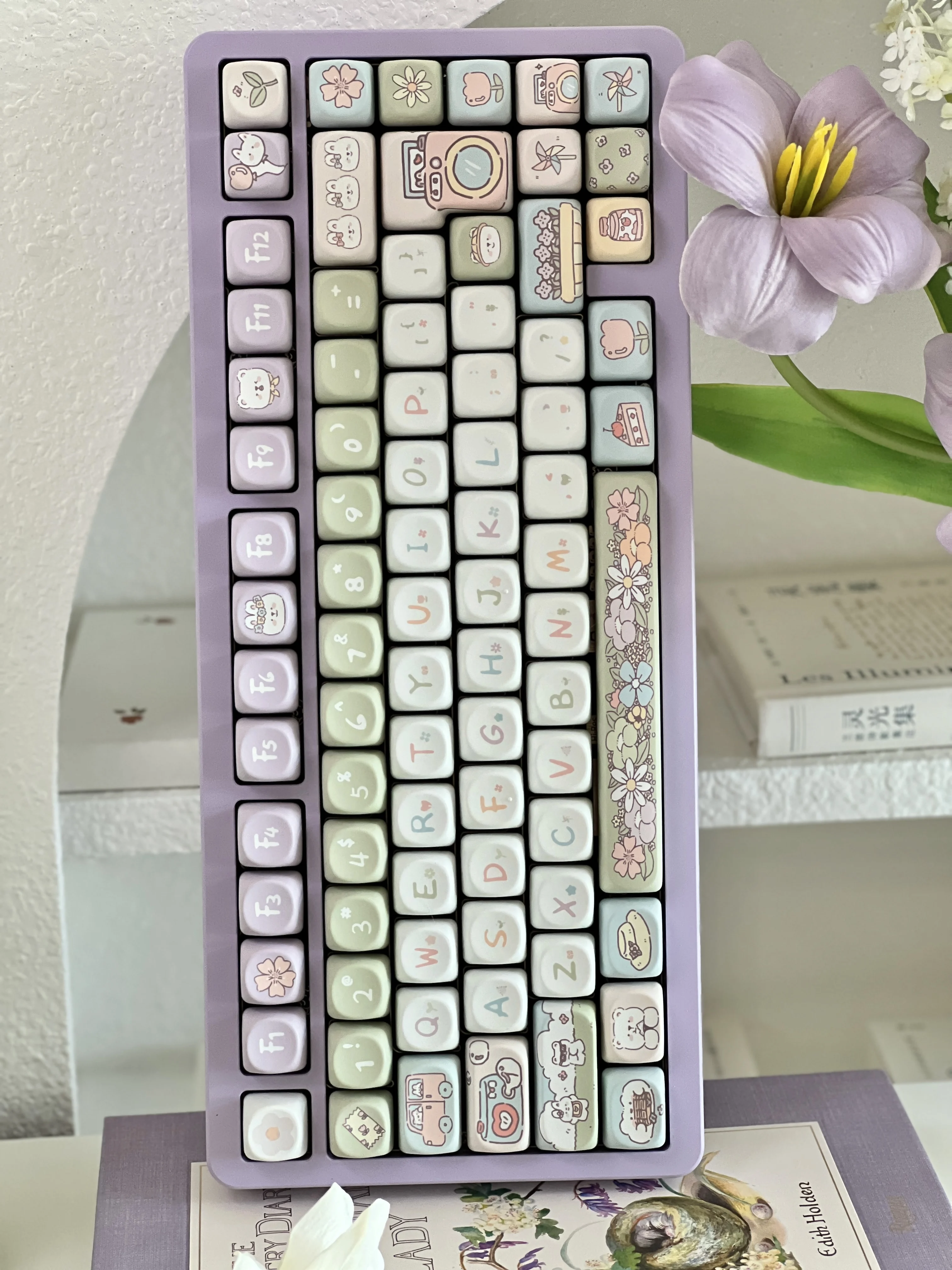 Romantic Train Keycaps para teclado mecânico, urso bonito, coelho, flor, roxo, branco, verde, Pbt, 141 chaves, Soa, Moa