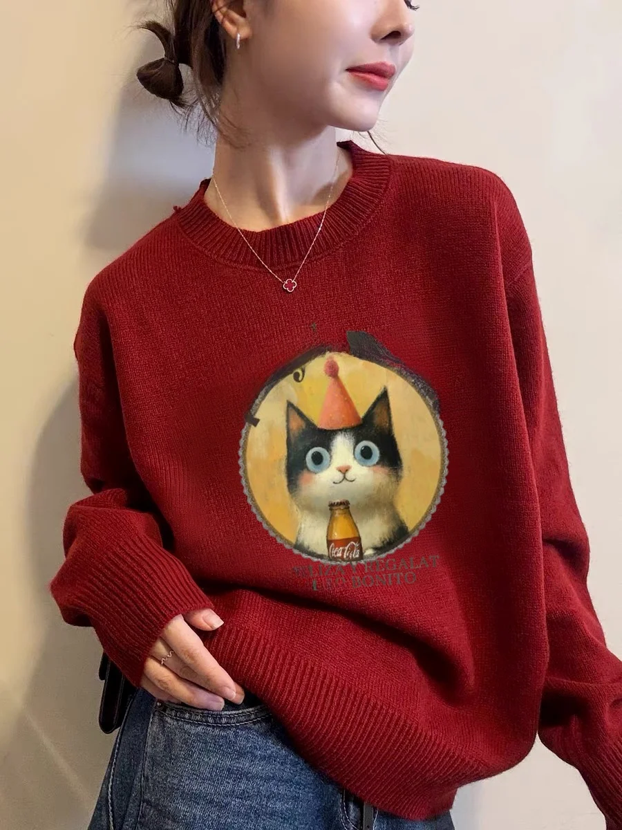 

2026 Year Red Festive Lazy Sle Loose Knitted Sweater Women's Autumn Winter Fce Lined Thiened Top Commute Sle