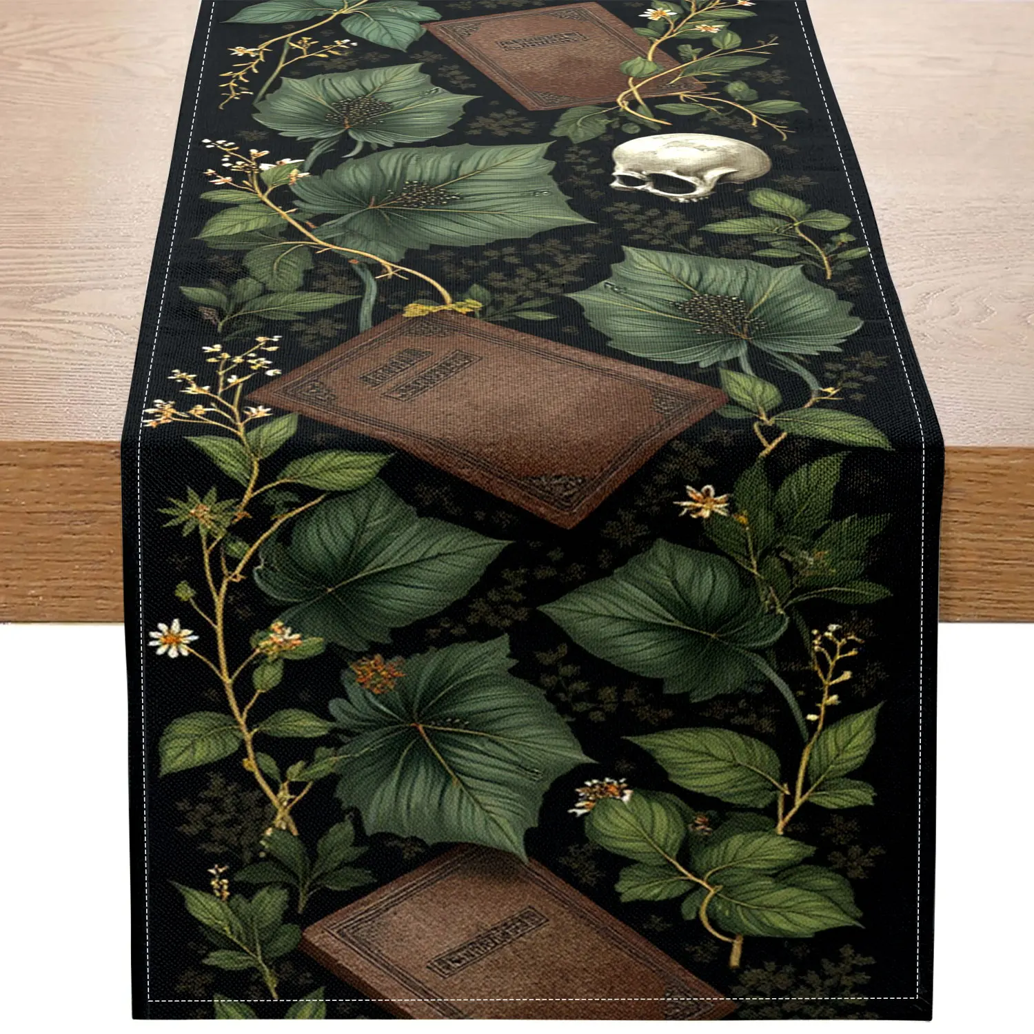 

Цельная дорожка для стола с темной тематикой, украшение, зеленые растения, подходит для украшения в темном стиле, фантазийных пространств