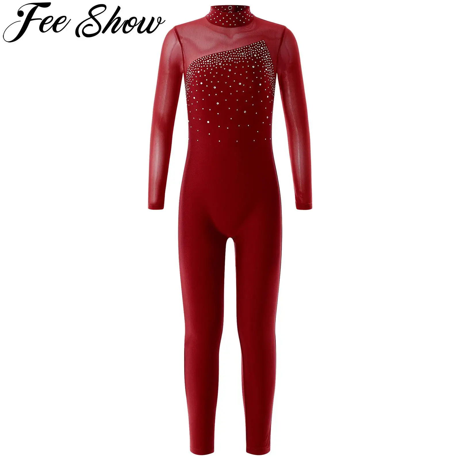 Kids Girls Sports Gymnastics Workout Jumpsuit Long Sleeve Shiny Rhinestone Hollow Back Figure Ice Skating Performance Costumes