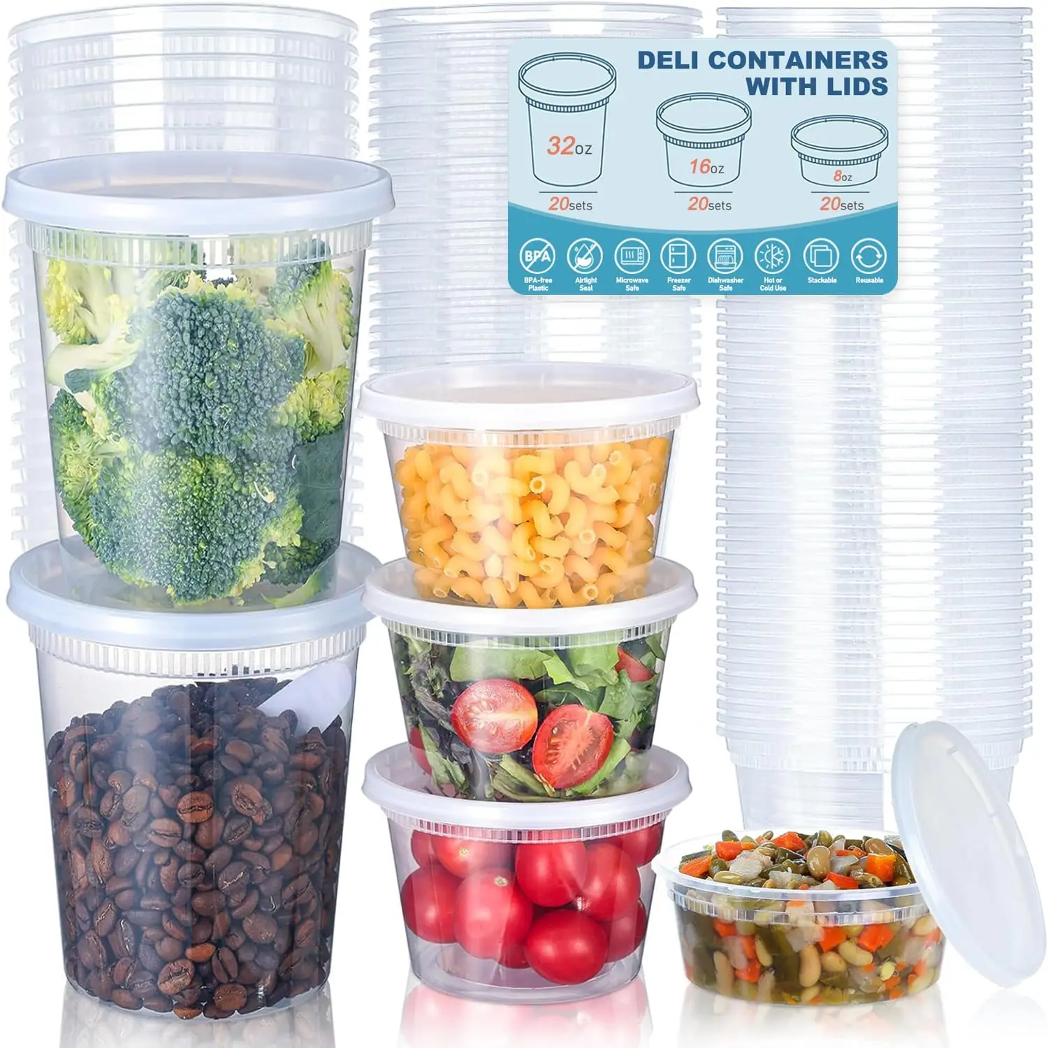 24pcs Deli Food Storage Containers with Lids,Plastic Food Storage Containers 8oz,16oz,32oz Freezer Storage Containers,BPA Free