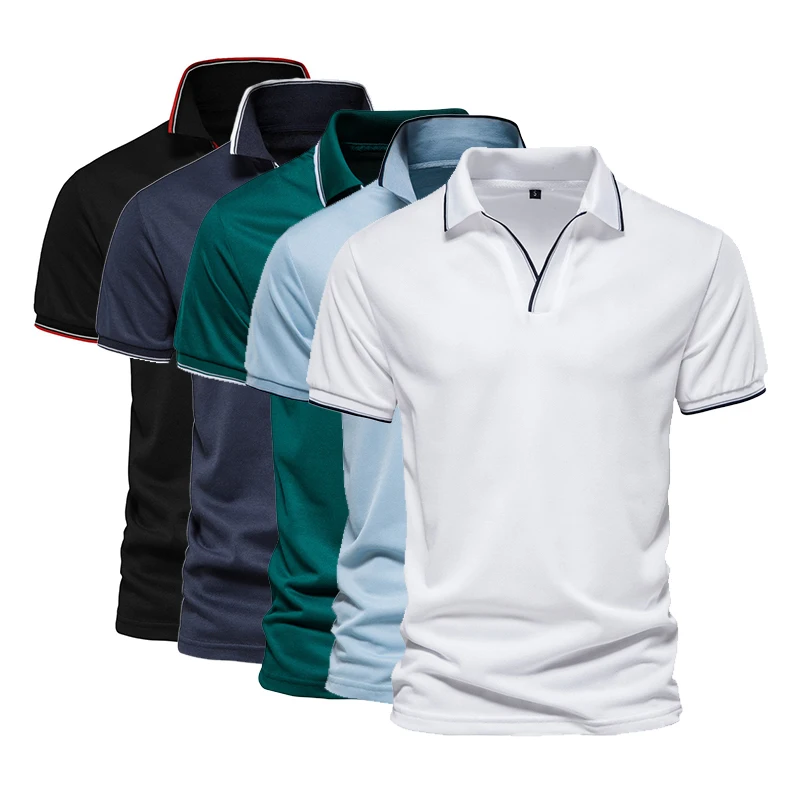 Mens Fashion Boutique Cotton Leisure Stand Collar Long Sleeve Male Pure Color V-Neck POLO Shirts