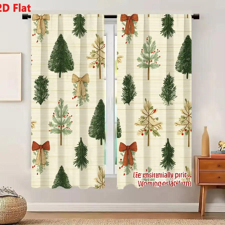 2Pcs Curtains 2D Flat Repeating Seamless Pattern With Evergreen Trees And Festive Bows On Light Beige Lined Background Window Dr