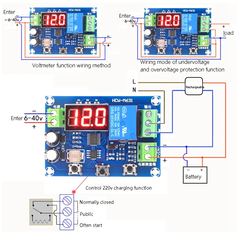 T36C HCW-M631 DC6-40V Battery Charge Discharge Module with Voltmeter Undervoltage Overvoltage Protection Timing Function
