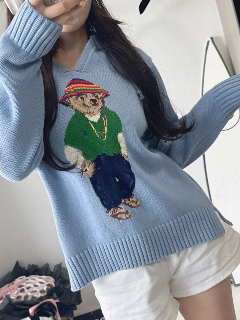 Women's Sweater 2024 Autumn/winter New Fashionable Casual Loose Comfort Bear Pattern Sky Blue Hooded Sweatshirt