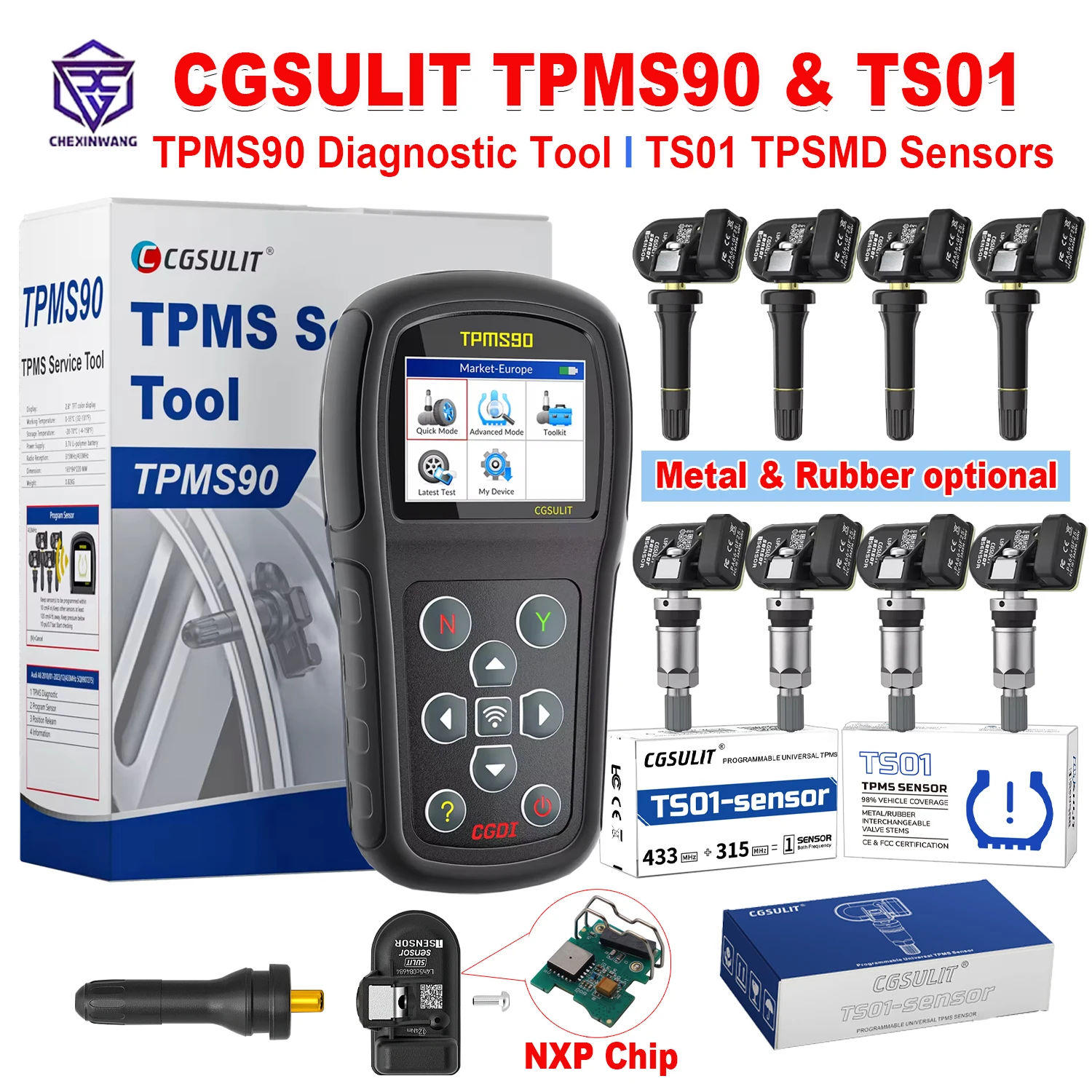 CGSULIT TPMS90 & CGSULIT TS01 العالمي TPMS 315 ميجا هرتز/433 ميجا هرتز الاستشعار سيارة كاشف ضغط الإطارات مبرمج أداة يناسب 98% مركبة