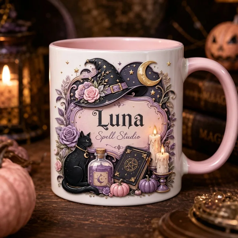 2D Print Vintage Mystic Black Cat Magic Theme Custom Coffee Mug Star Pentagram Spell Book Decor Halloween Gift