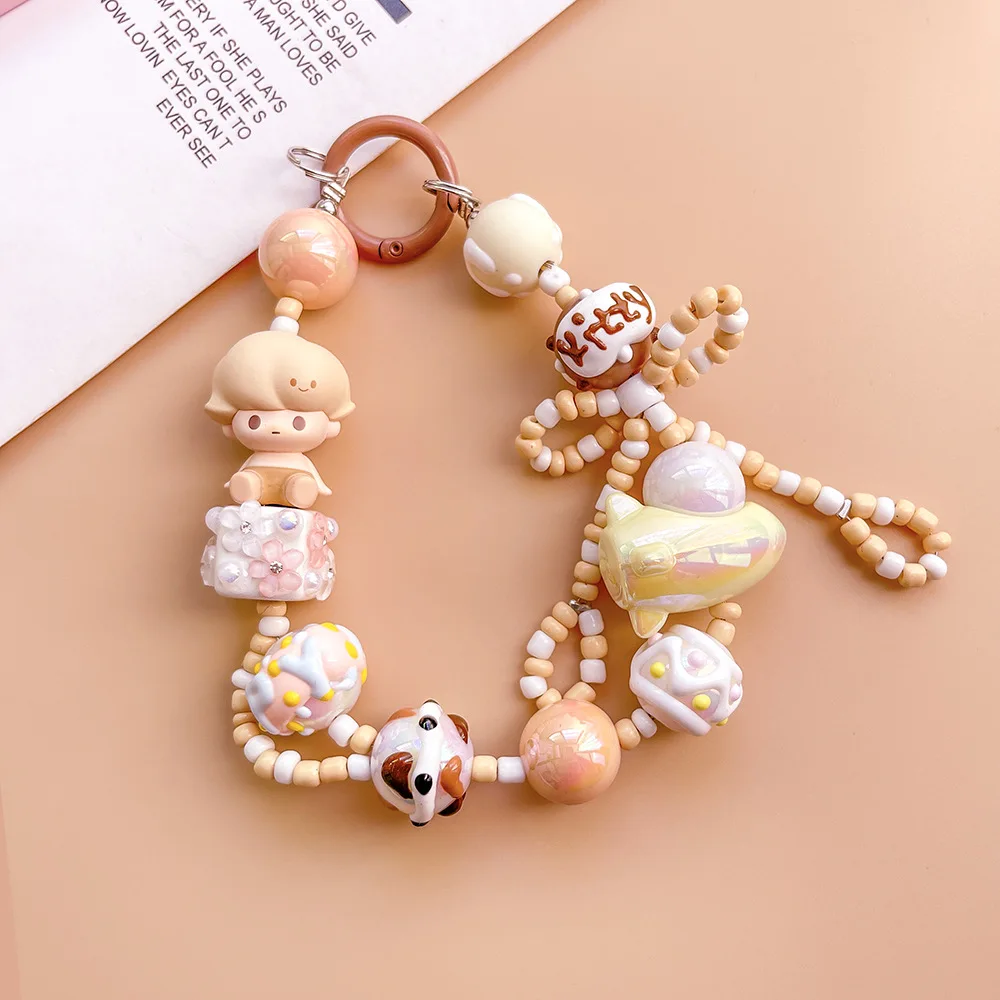 Multicolor Cartoon Hand-drawn Beaded Keychain Bubble Matte Sitting Posture Phone Chain Key Chains Pendant