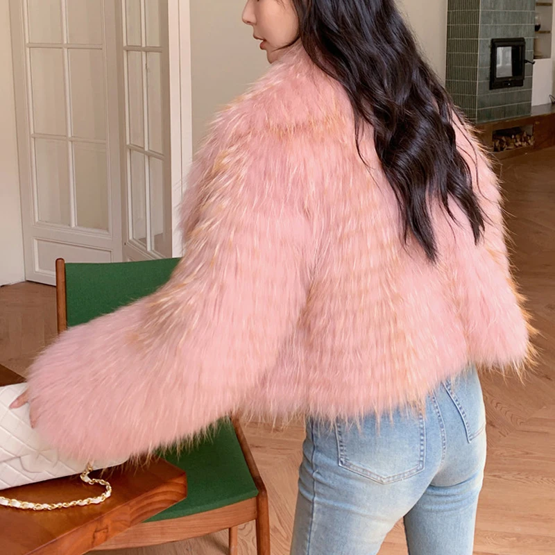 100% Natural Raccoon Fur Coats for Women 2024 Fashion Large Lapel Collar Female Pink High Waist Short  Real Fur Warm Jacket Tops