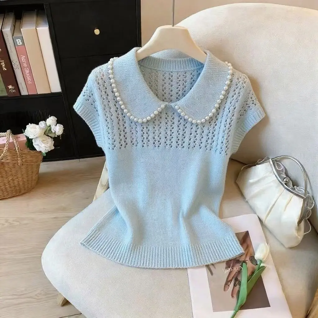 

Soft Blue Pearl Peter Pan Collar Knit Short-Sleeve Women's Summer Top with Openwork Design A Unique Slimming and Elegant Piece