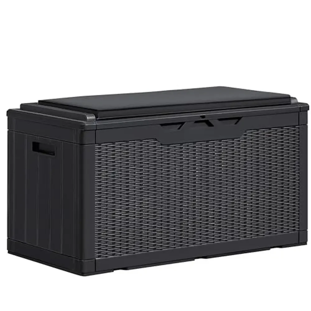 

Outdoor Resin Storage Box 100 Gallon Cushioned Garden Patio Pool Supplies Black Lockable Holder Durable Design Organize Space