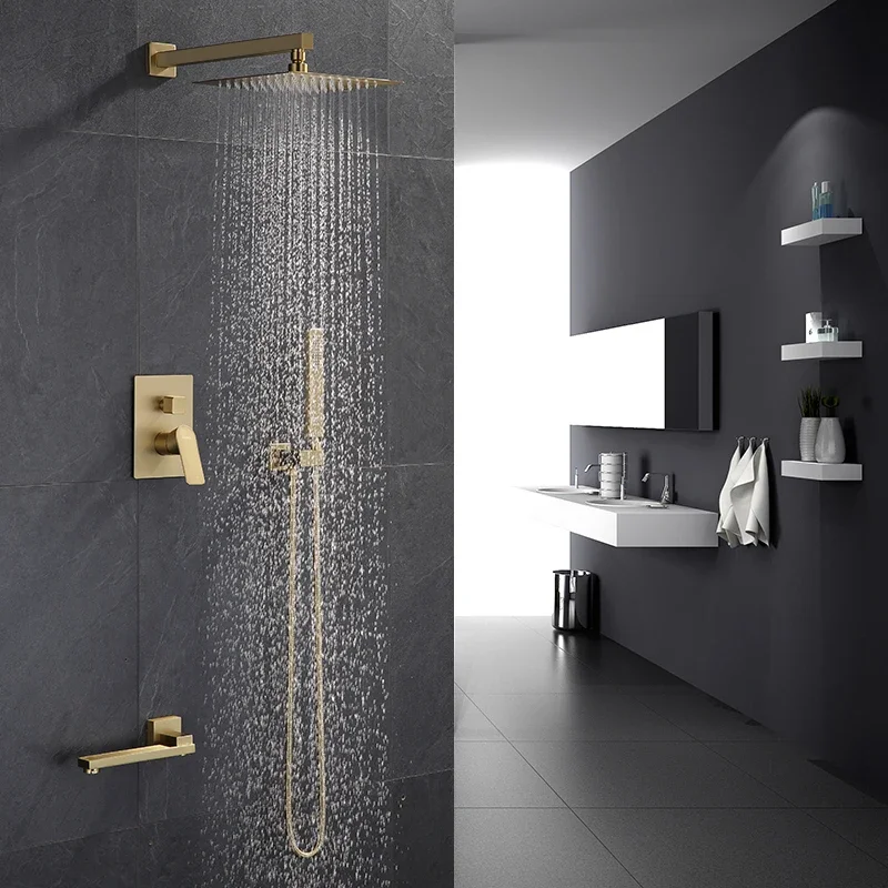 Badezimmer-Duschset, schwarz/gebürstetes Gold, quadratisch, Regenduscharmatur, Wand- oder Decken-Duschmischer