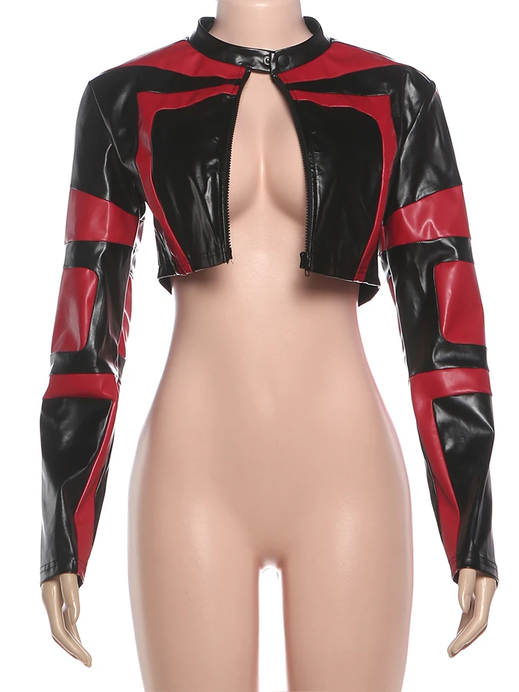 Seltsame Puss PU Crop Jacke Frauen Patchwork Trend Zip Button Wild Sexy Hottie Hipster Grundlegende Straße Mitternacht Clubwear Uniform Mantel