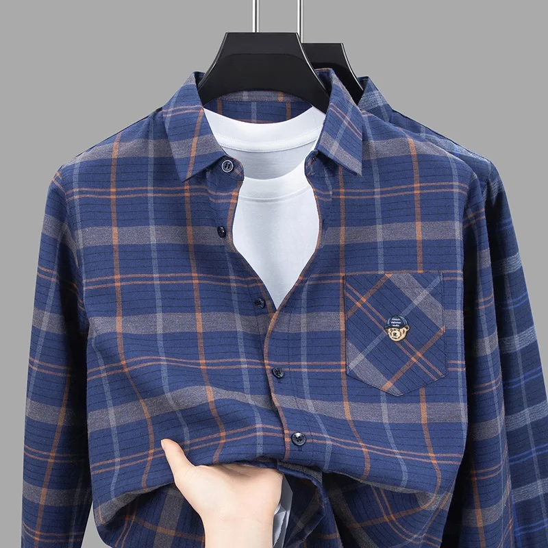 Korean-Style Leisure Men New Long-Sleeved Shirt Jacket Lapel Single-Breasted Grid Embroidery Shirt Fashion Trend Men's Clothing