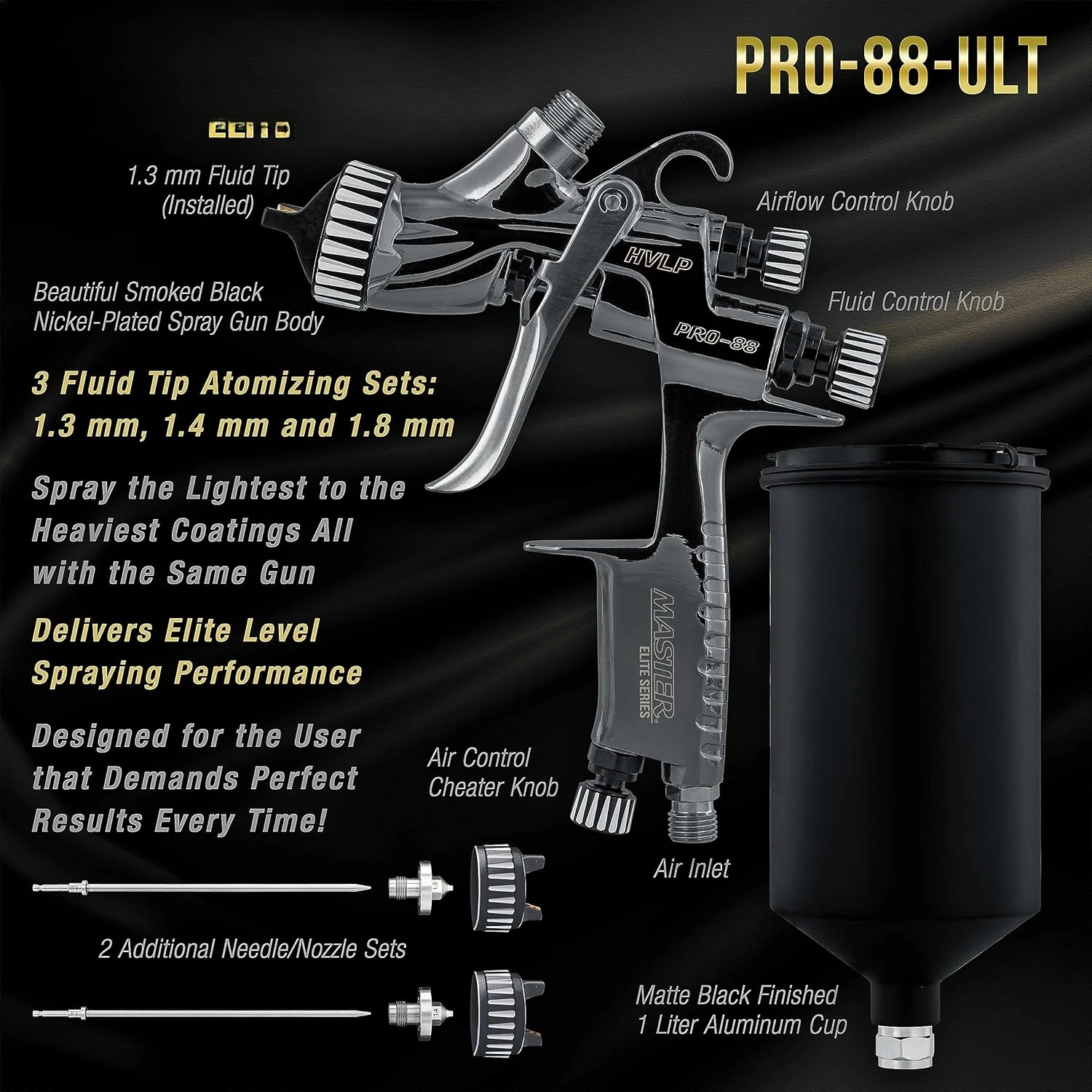 Series HVLP Spray Gun Ultimate Kit with 3 Fluid Tip Sets 1.3, 1.4 and 1.8mm and Air Pressure Regulator