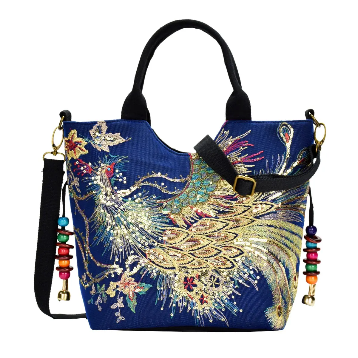 Shiny Sequins Peacock Embroidered Ladies Canvas Tote Bag Shopping Shoulder Bag Retro Beaded String Tote Bag Blue