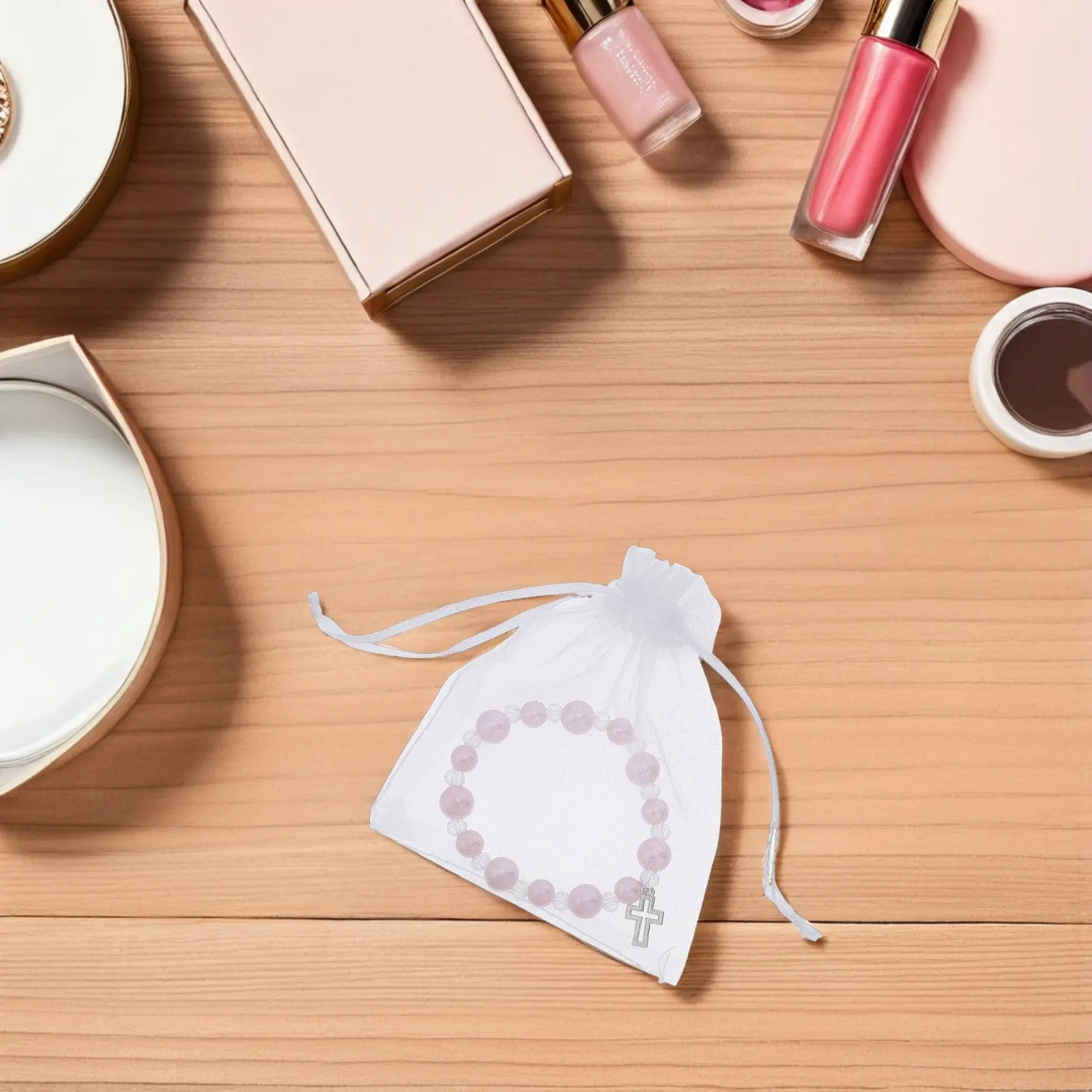 

1Set Religious Gift Set Elegant Faux Pearl Rosary Bracelet Crucifix Organza Bags Baptism Christening First Communion Favors