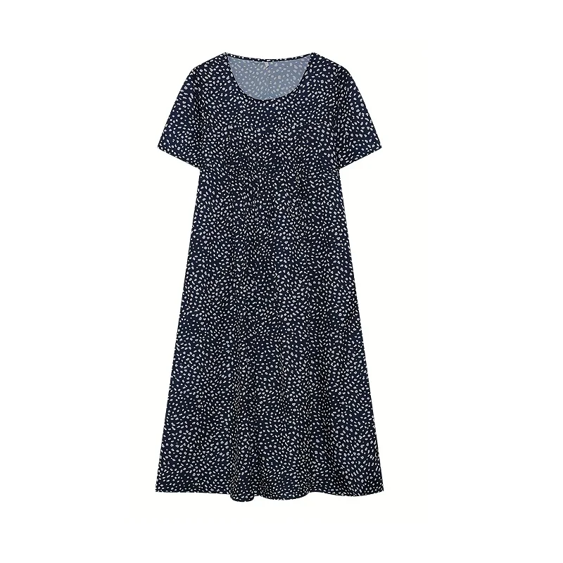 2024 New Spring And Summer Women's Elegant Large Skirt Round Neck Printed Short-sleeved Dress
