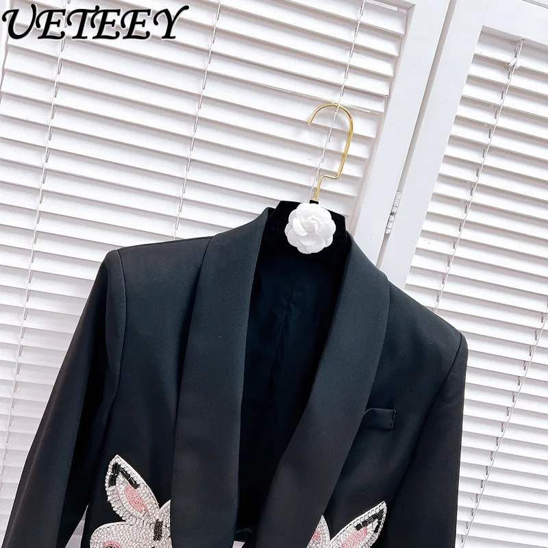 Autumn Winter New Heavy Industry Rhinestone Suit Short Jacket Light Luxury High-end Elegant Long Sleeve Slim Black Suit Coat