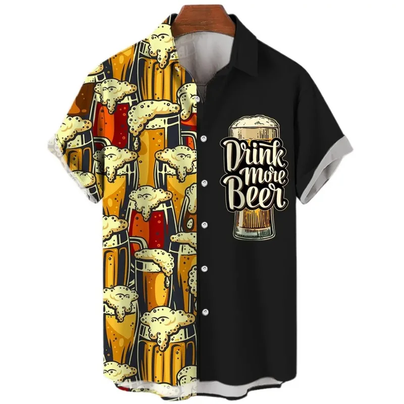 Hawaii Strand Harajuku Shirts für Männer 3D-Druck Bier Kurzarm T-Shirts Sommerferien Stil Einreiher Tops Revers Shirts