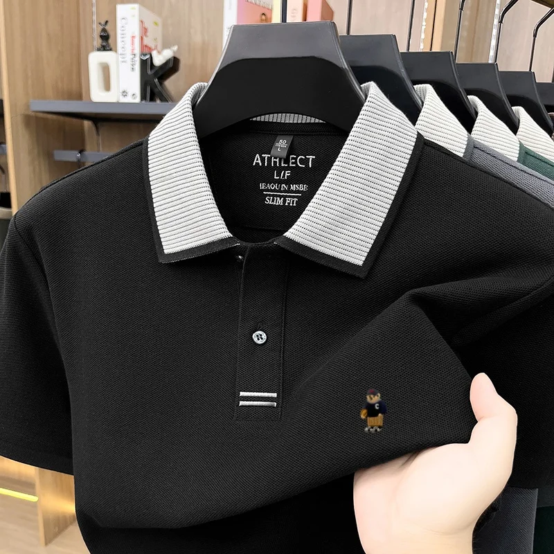 Luxuriöses 100% Baumwoll-Kurzarm-Poloshirt für Herren, neuer Trend, Marken-Cartoon-Bären-Stickerei, atmungsaktives, bequemes, lässiges Sommer-T-Shirt – Detail 24