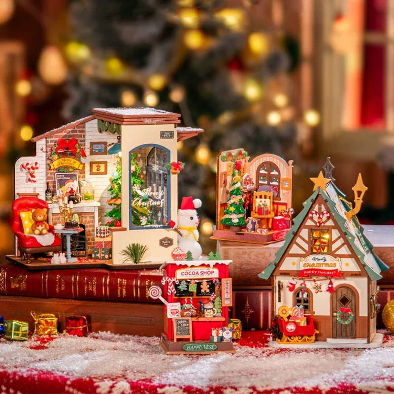 Anime Cartoon Kawaii DIY Handmade Cabin Christmas Series Mini Miniature Scene Assembled Small House Christmas Gift Peripherals