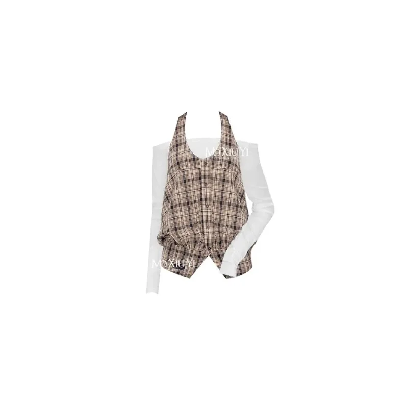 

Ретро клетчатый топ без рукавов с лямкой на шее на одно плечо, вышитый приталенный нижний жилет