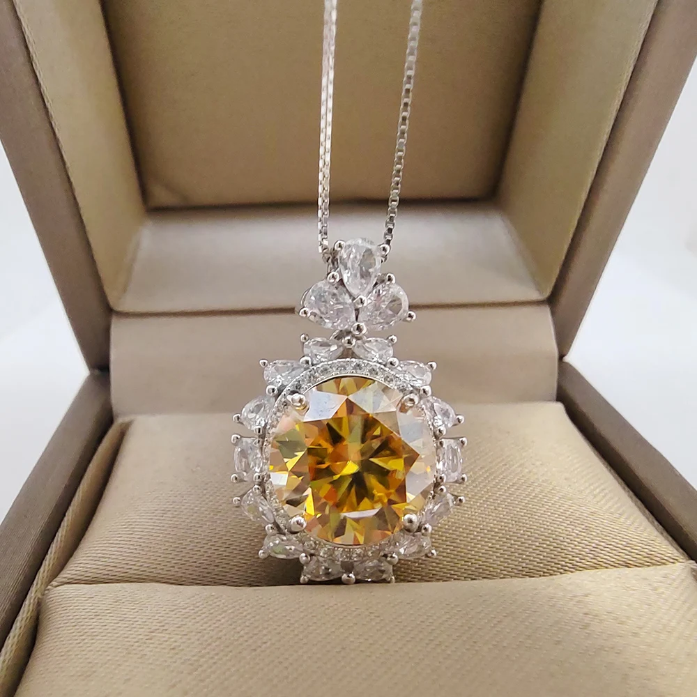 

Luomansi S925 Silver Necklace 5CT VVS 11MM Yellow Moissanite with Certificate Fine Jewelry Women Gift