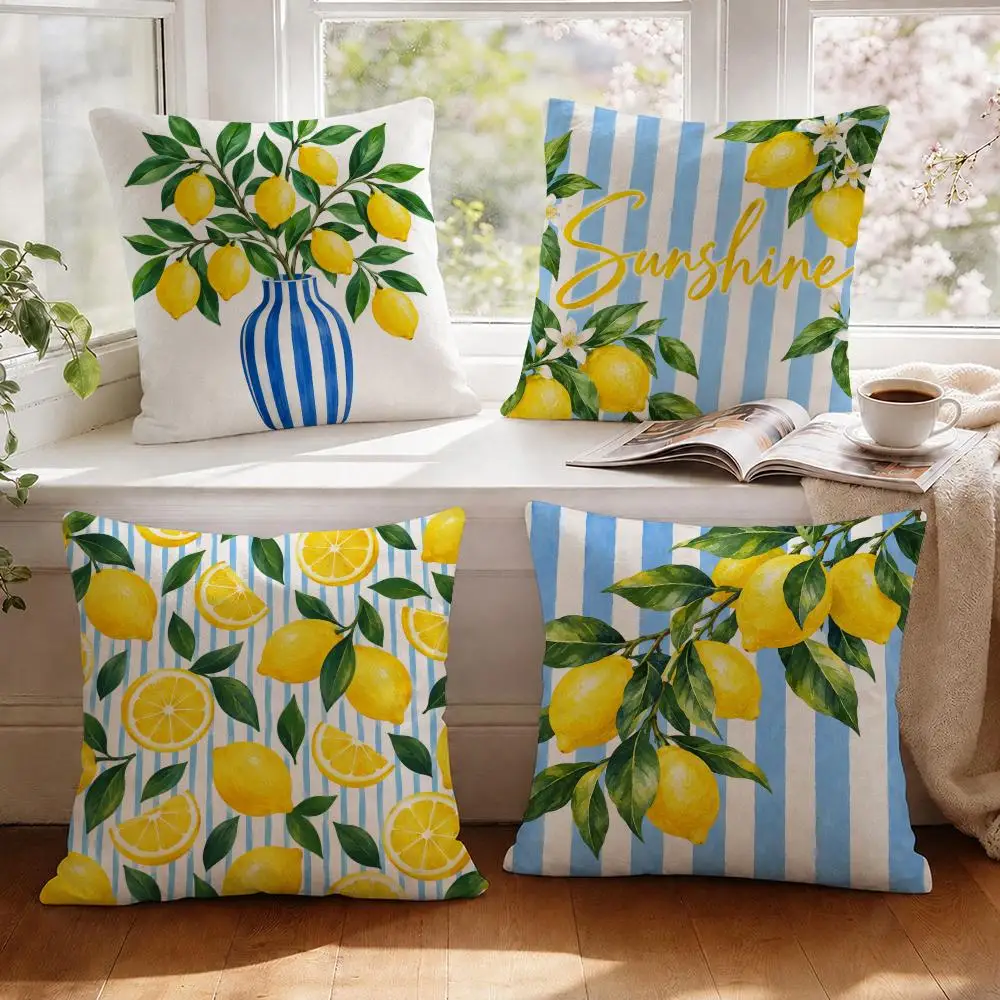 Fresh Lemons Chic Cushion Cover 1/4Pcs Linen Throw Pillow Covers Double-Side Print Sofa Couch Living Room Decor