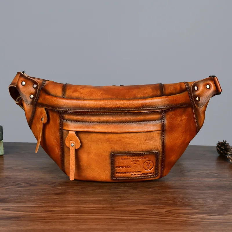 First Layer Cowhide Chest Bag Men's Real-Leather Leisure Pack Shoulder Bag Solid Color Retro Crossbody Bags  Waist Pack