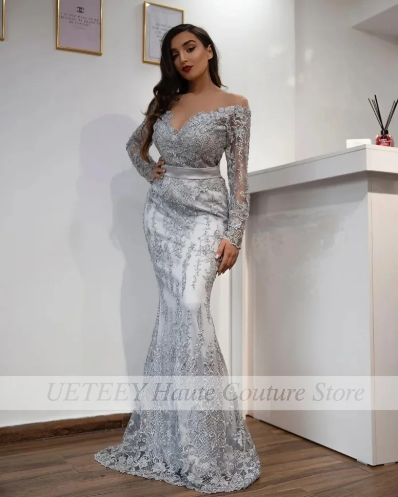 

Серебряные вечерние платья русалки с длинными рукавами, кружевные платья для выпускного вечера, свадебное платье для торжественных случаев فساتين levenن피بات 식