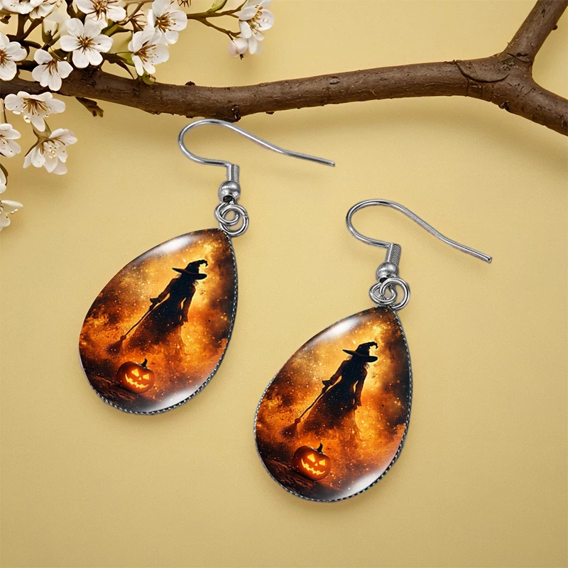 الساحرة في لهب الهالوين توضيح هدية مجوهرات زجاجية عصرية على شكل أقراط متدلية #4