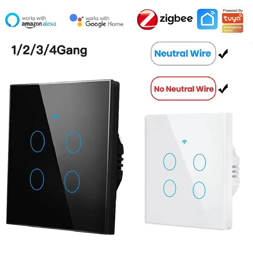 ZigBee Wall Touch Smart Switch, 1/2/3/4 gang, No-Neutral/Wire LED light control Wall Button, smart voice with Alexa Google Home