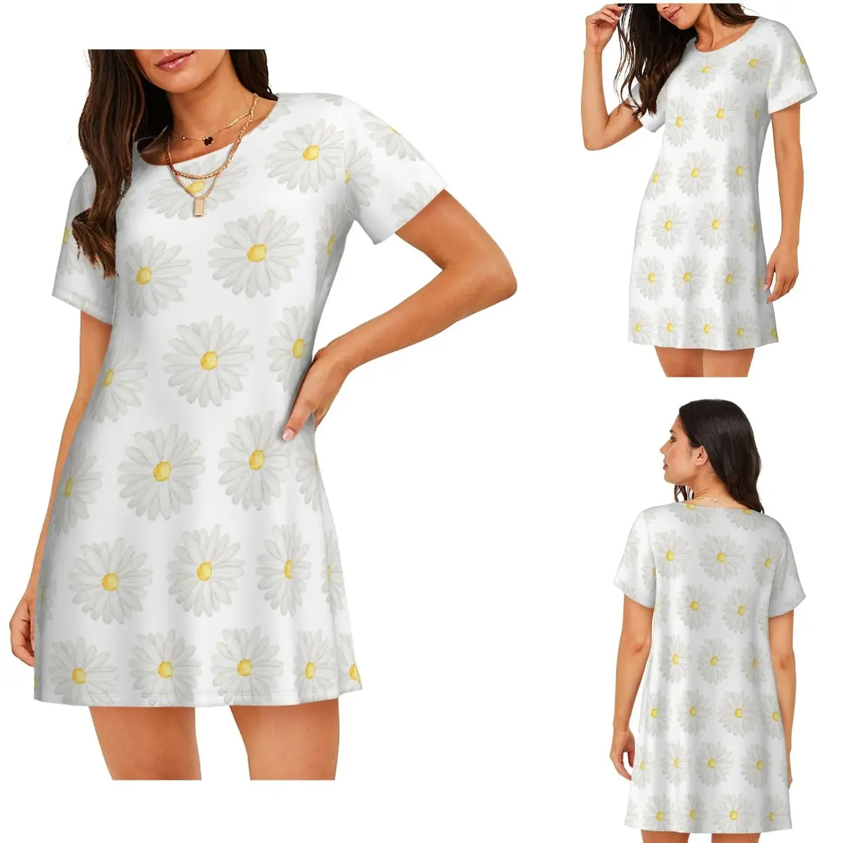 Hand Painted One Little White Daisy Watercolor Short Sleeves Nightdress For Sleeping Women Short Sleeve Nightgowns  Pajama Dress