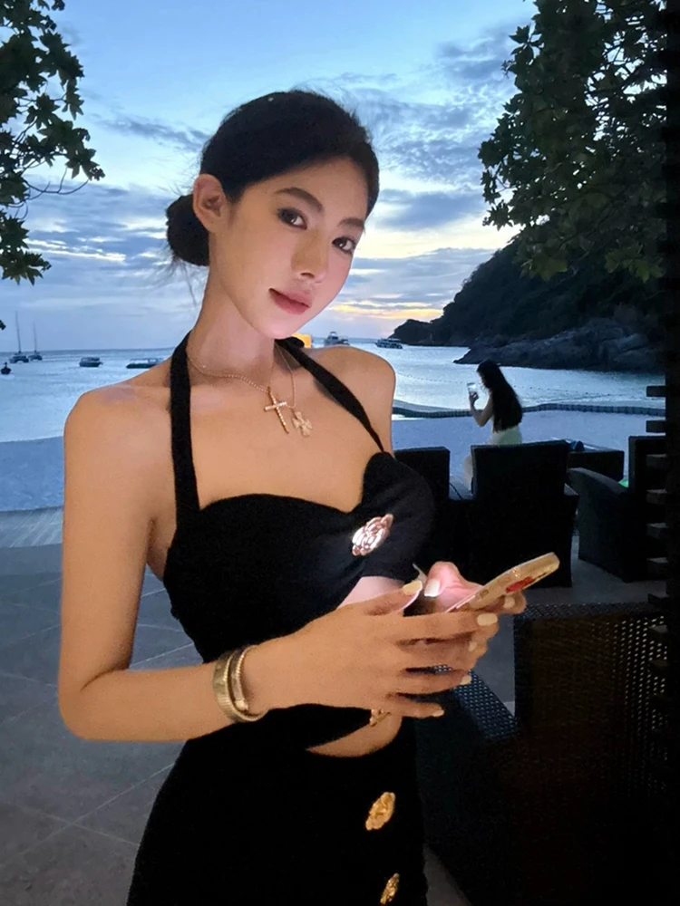 RORORIRI Sexy Cut-out Ribbon Halter Long Dress Women Flower Backless Desire Slim Stretch Bodycon One-piece Retro Holiday Clothes