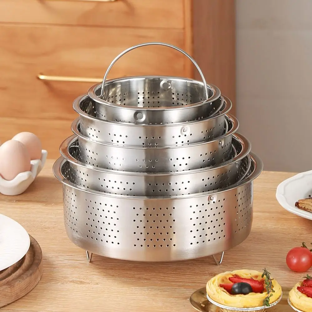 Stainless Steel Food Steamer Kitchen Rice Pressure Cooker Steaming Grid Drain Basket with Silicone Handle Cooking Accessories